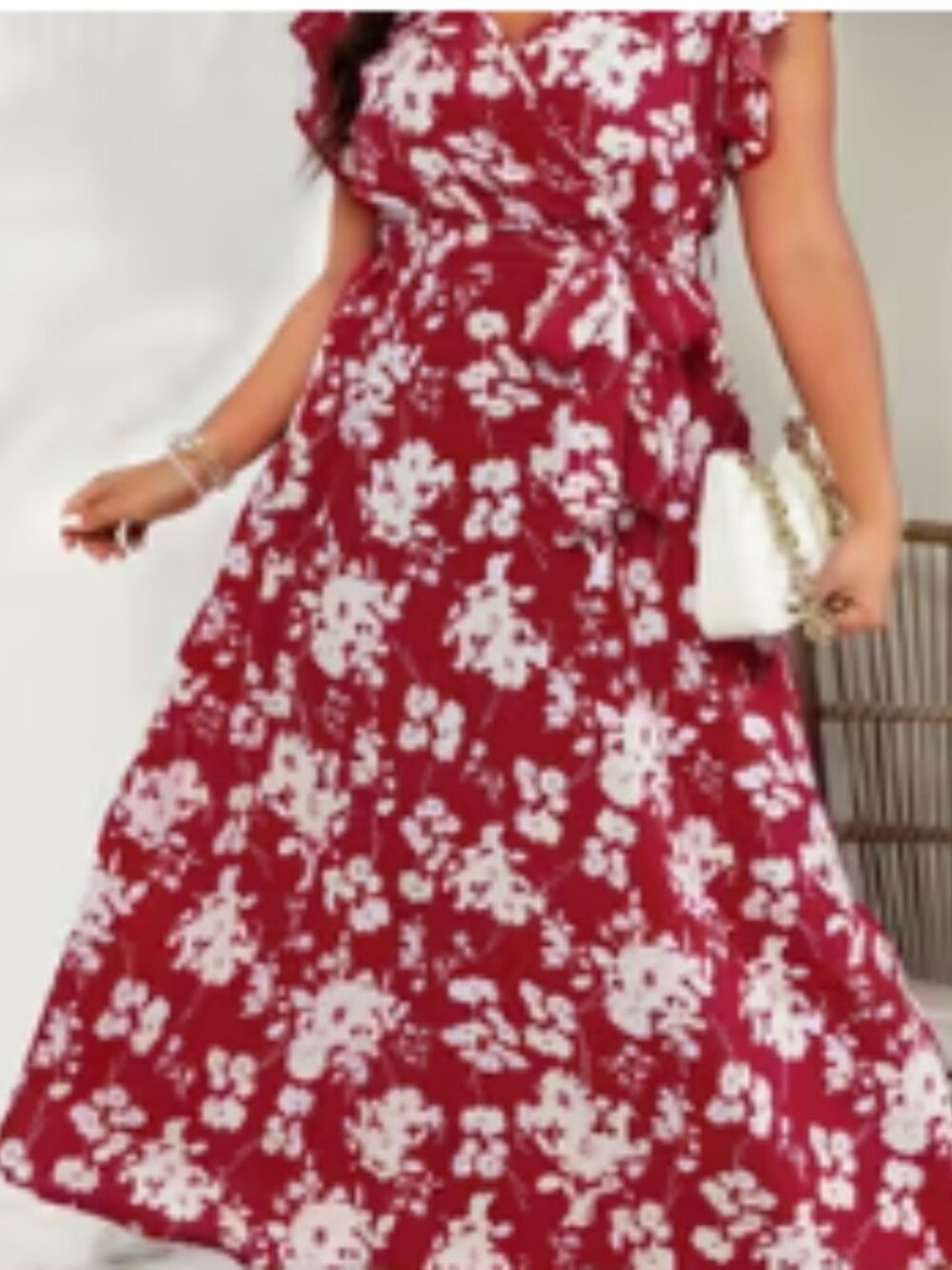 Plus Size Floral Print Belted Dress, Vacation Ruffle Sleeve Dress